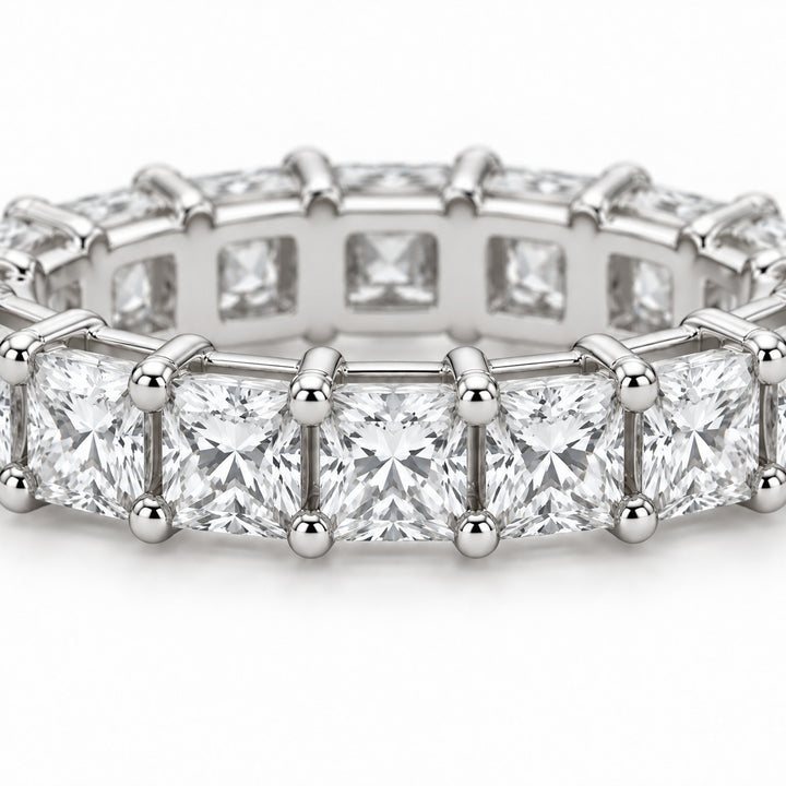 Princess lab-grown diamond eternity band, 3.0mm, 14K white gold, close-up of the stones