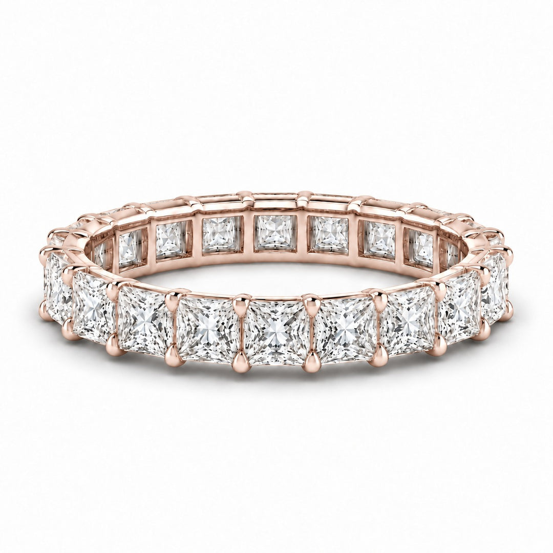 Princess lab-grown diamond eternity band, 3.5mm, 14K rose gold, angled view