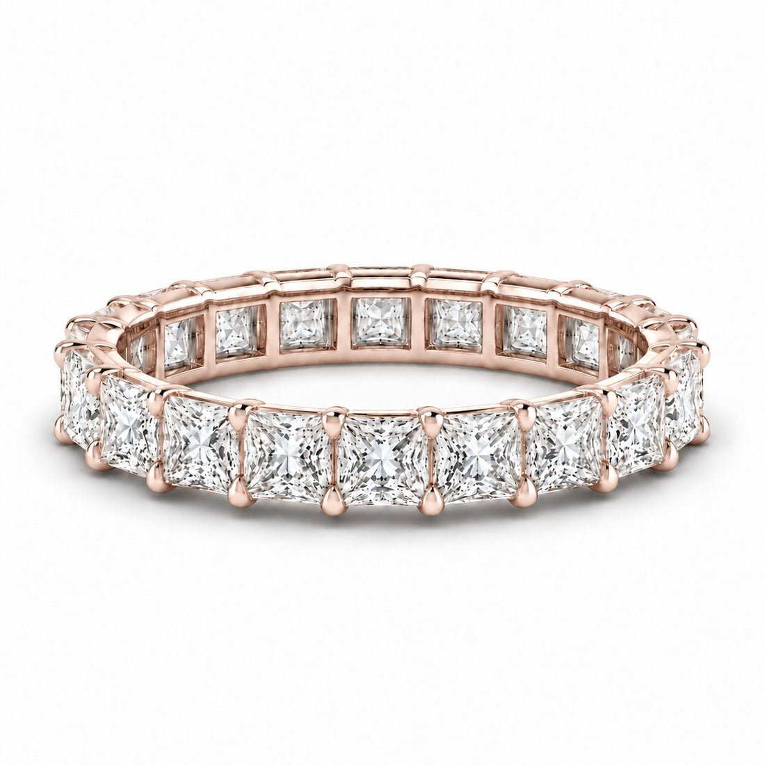 Princess lab-grown diamond eternity band, 3.5mm, 14K rose gold, angled view