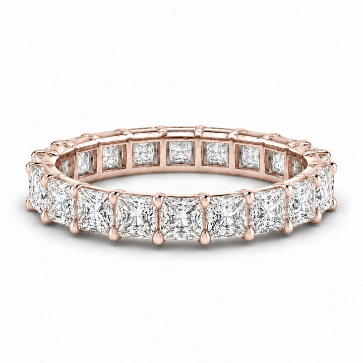 Princess lab-grown diamond eternity band, 3.5mm, 14K rose gold, angled view