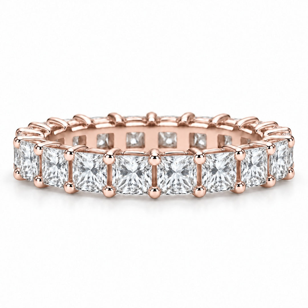 Princess lab-grown diamond eternity band, 3.5mm, 14K rose gold, front view