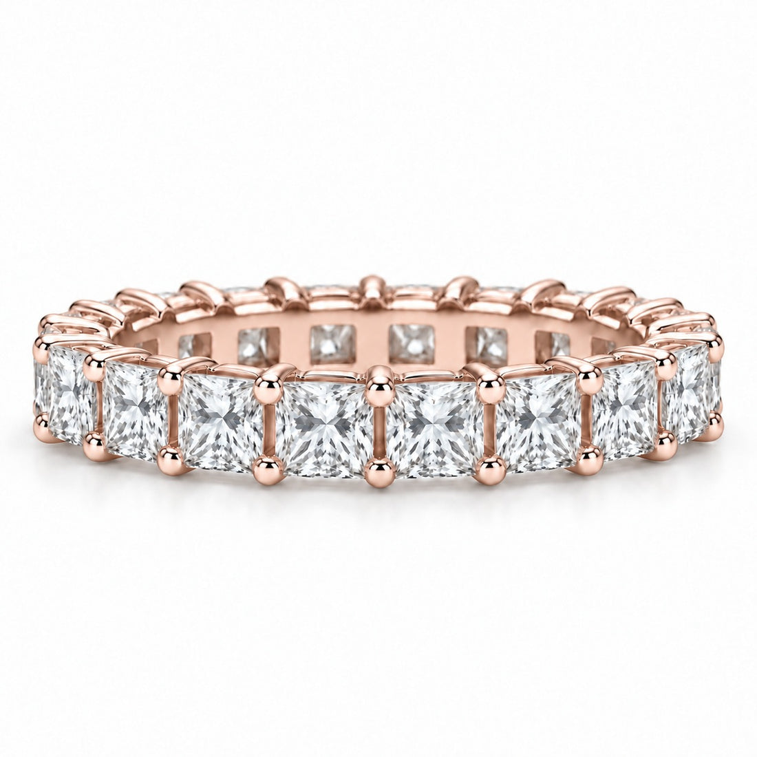 Princess lab-grown diamond eternity band, 3.5mm, 14K rose gold, front view