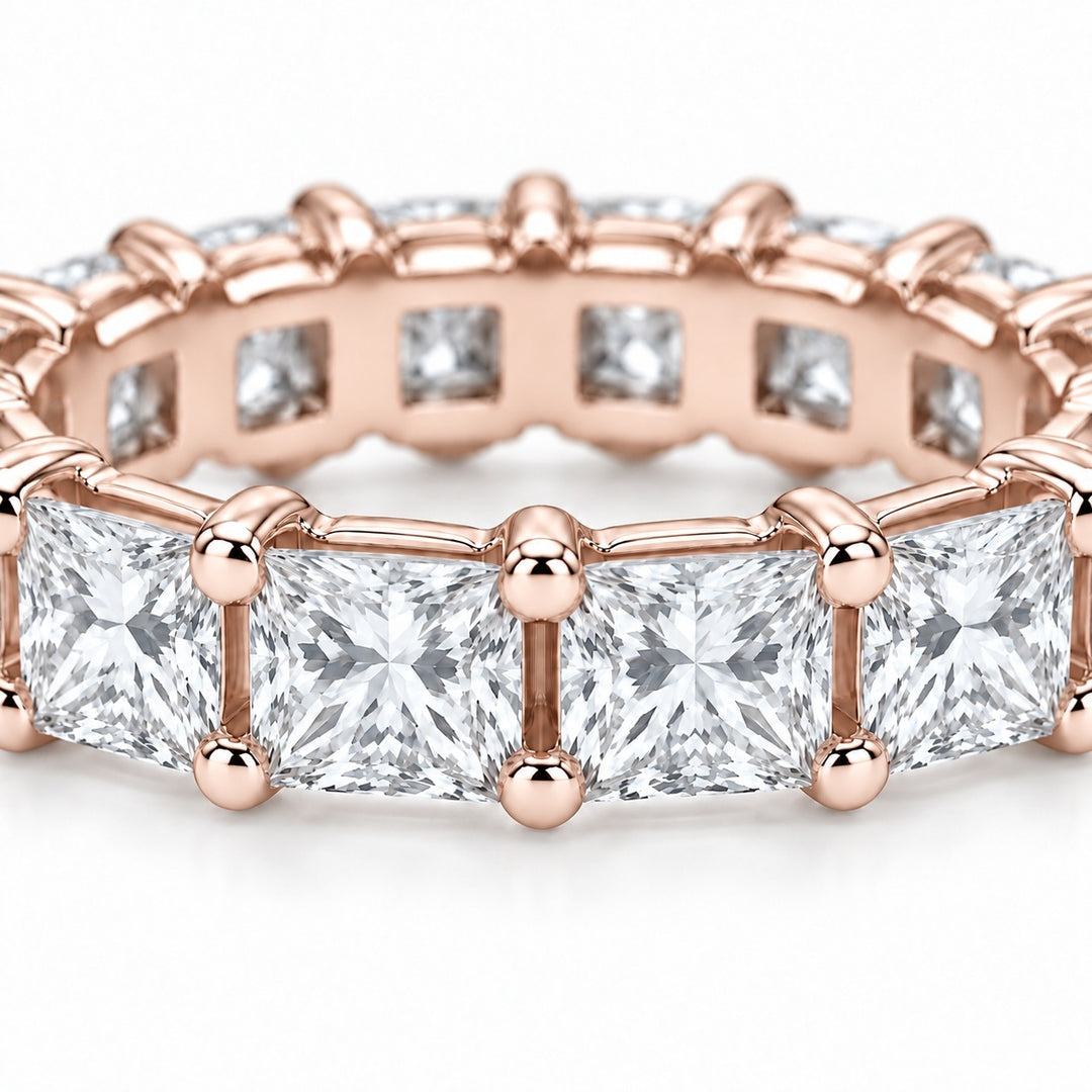 Princess lab-grown diamond eternity band, 3.5mm, 14K rose gold, close-up of the stones