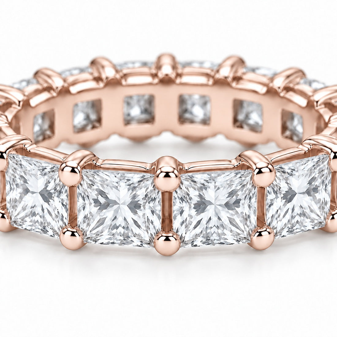 Princess lab-grown diamond eternity band, 3.5mm, 14K rose gold, close-up of the stones