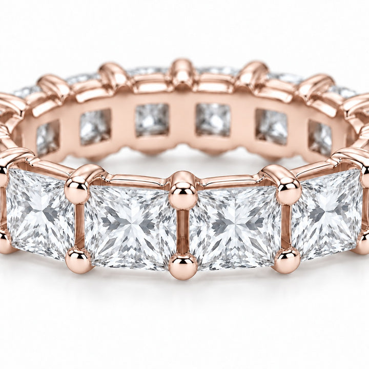 Princess lab-grown diamond eternity band, 3.5mm, 14K rose gold, close-up of the stones