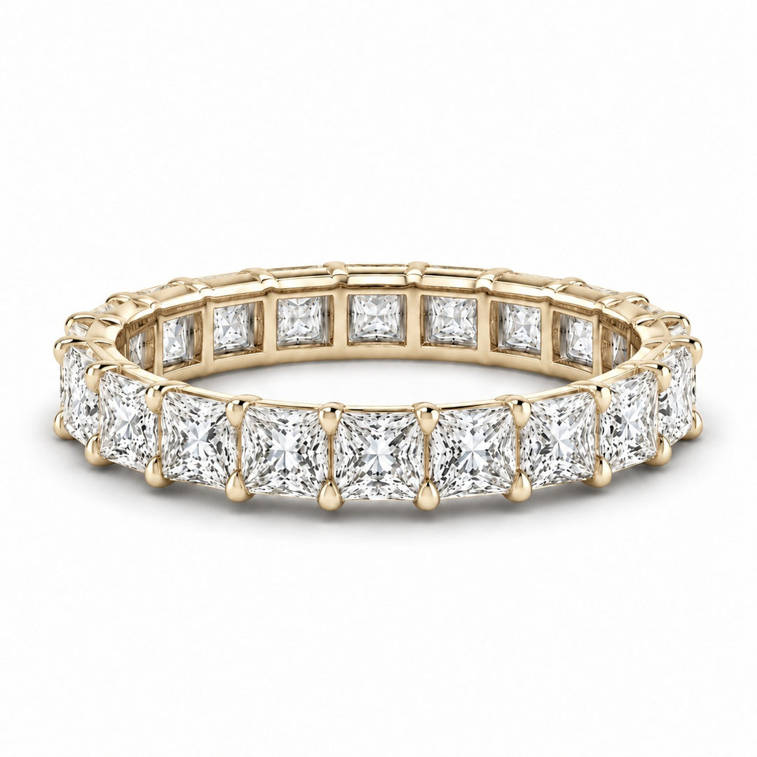 Princess lab-grown diamond eternity band, 3.5mm, 14K yellow gold, angled view