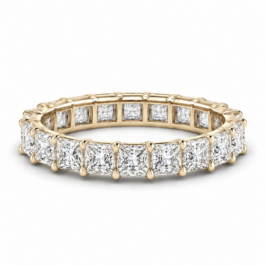 Princess lab-grown diamond eternity band, 3.5mm, 14K yellow gold, angled view