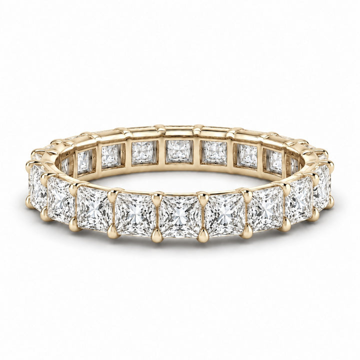 Princess lab-grown diamond eternity band, 3.5mm, 14K yellow gold, angled view