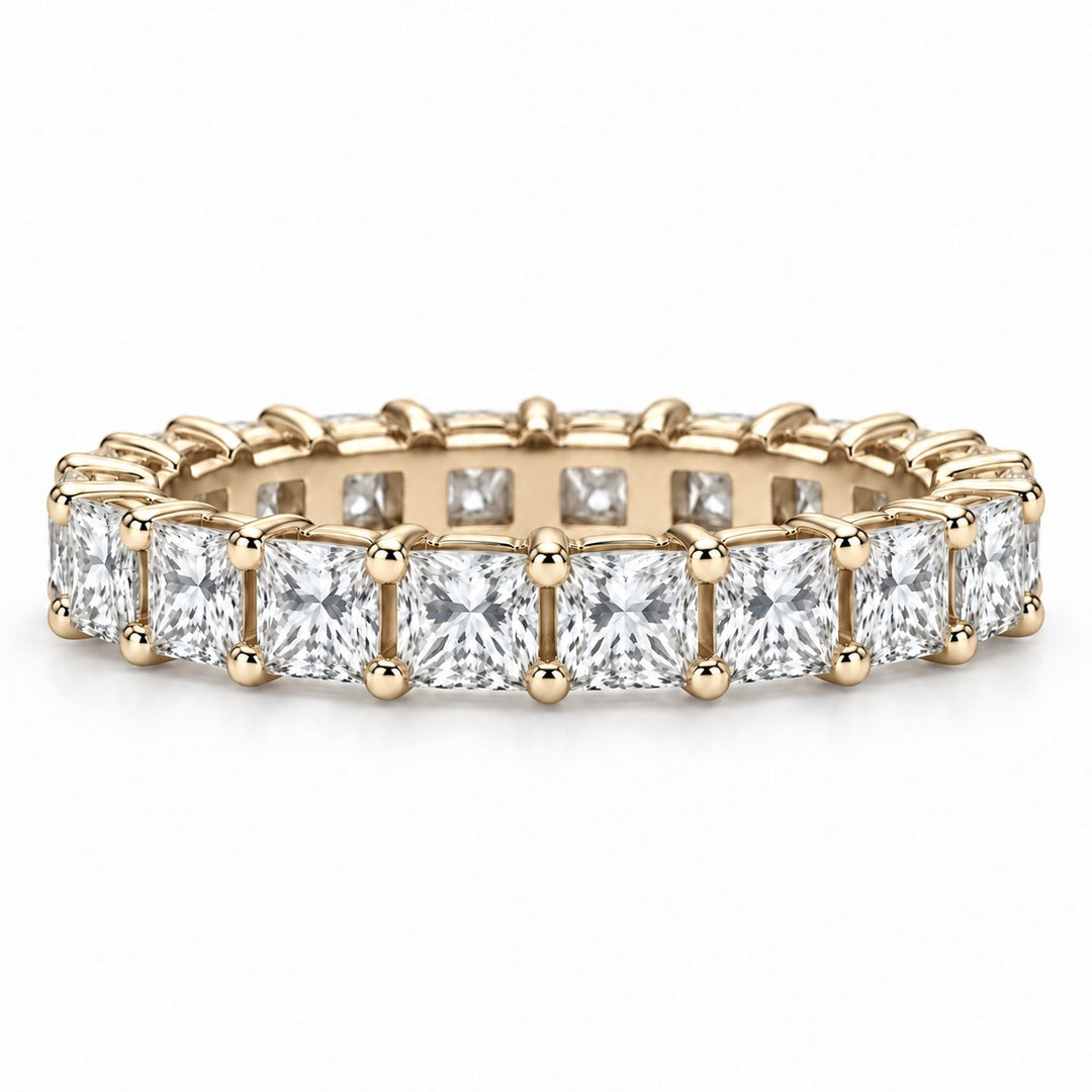 Princess lab-grown diamond eternity band, 3.5mm, 14K yellow gold, front view