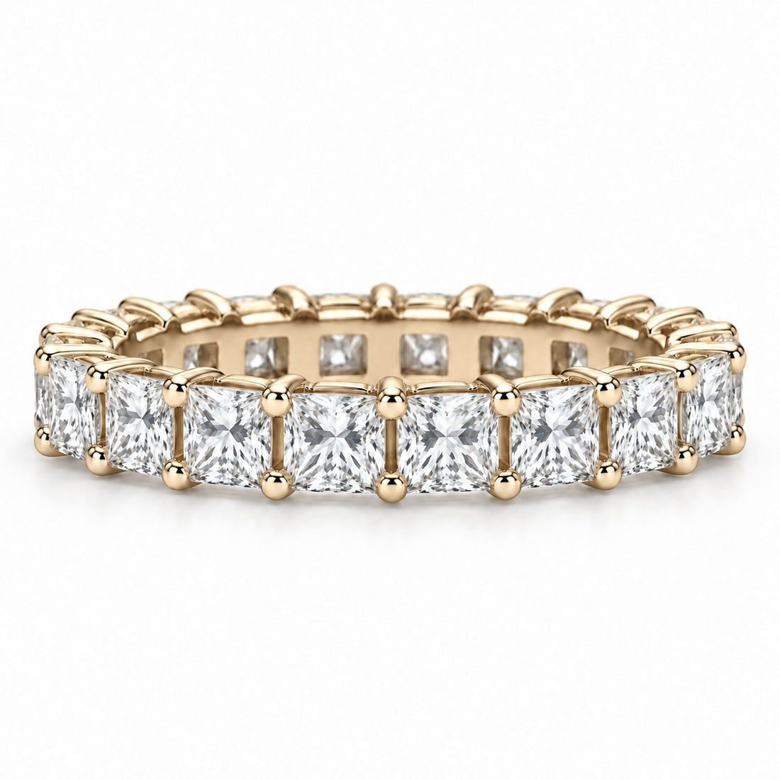 Princess lab-grown diamond eternity band, 3.5mm, 14K yellow gold, front view