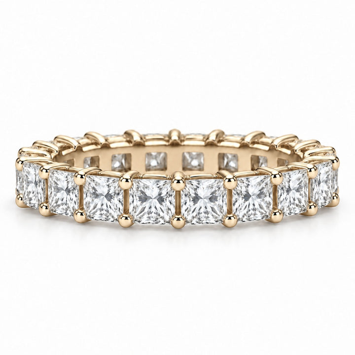 Princess lab-grown diamond eternity band, 3.5mm, 14K yellow gold, front view