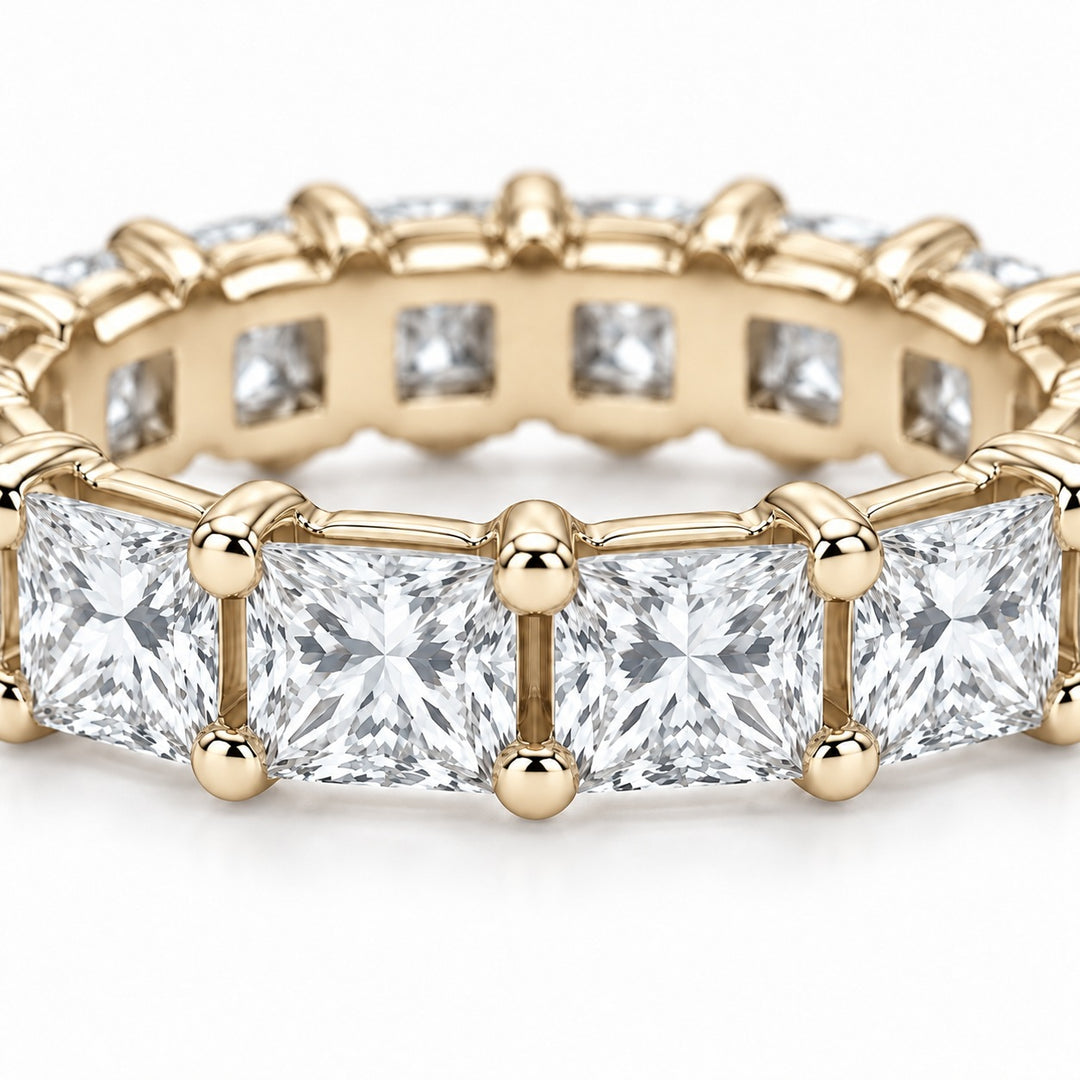 Princess lab-grown diamond eternity band, 3.5mm, 14K yellow gold, close-up of the stones