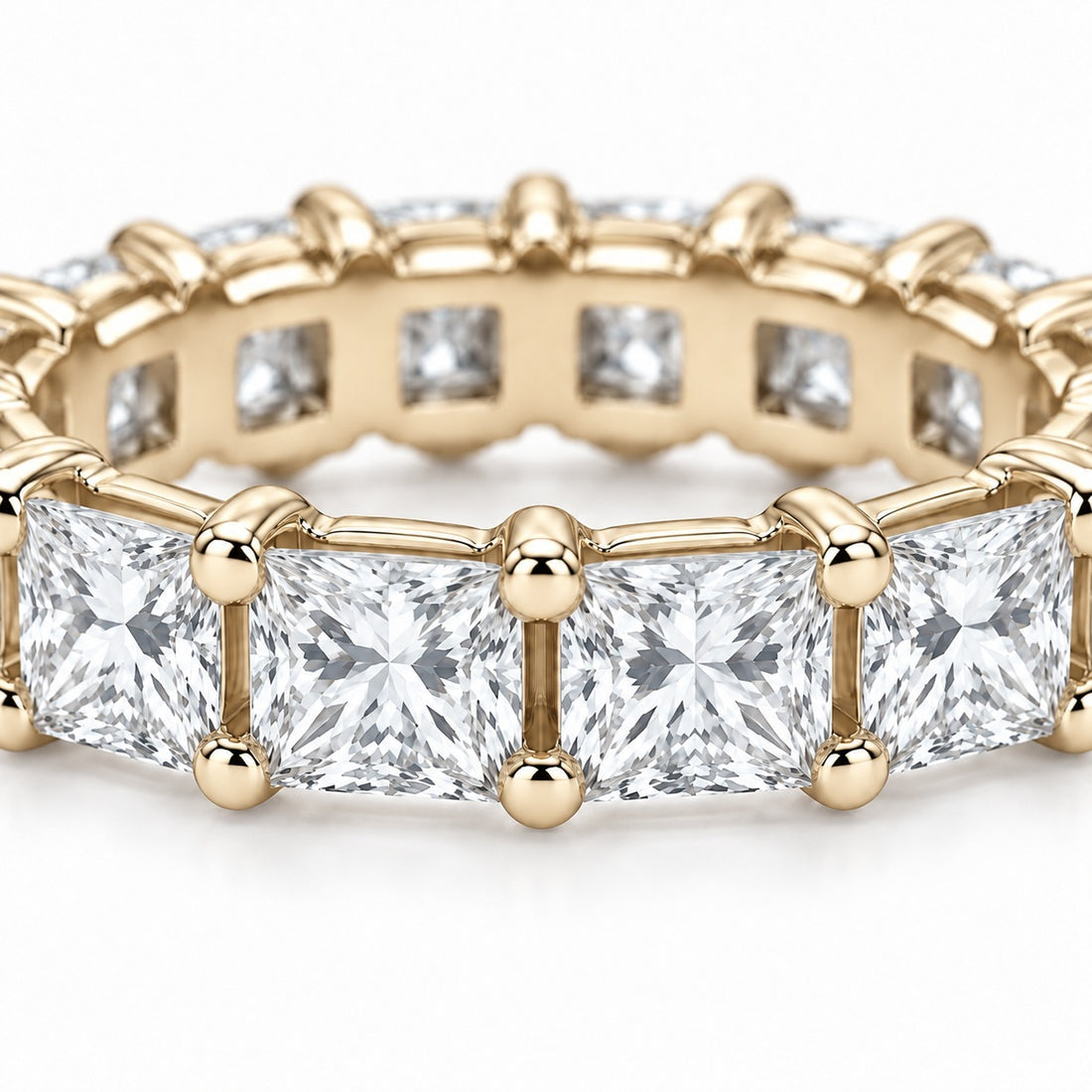 Princess lab-grown diamond eternity band, 3.5mm, 14K yellow gold, close-up of the stones