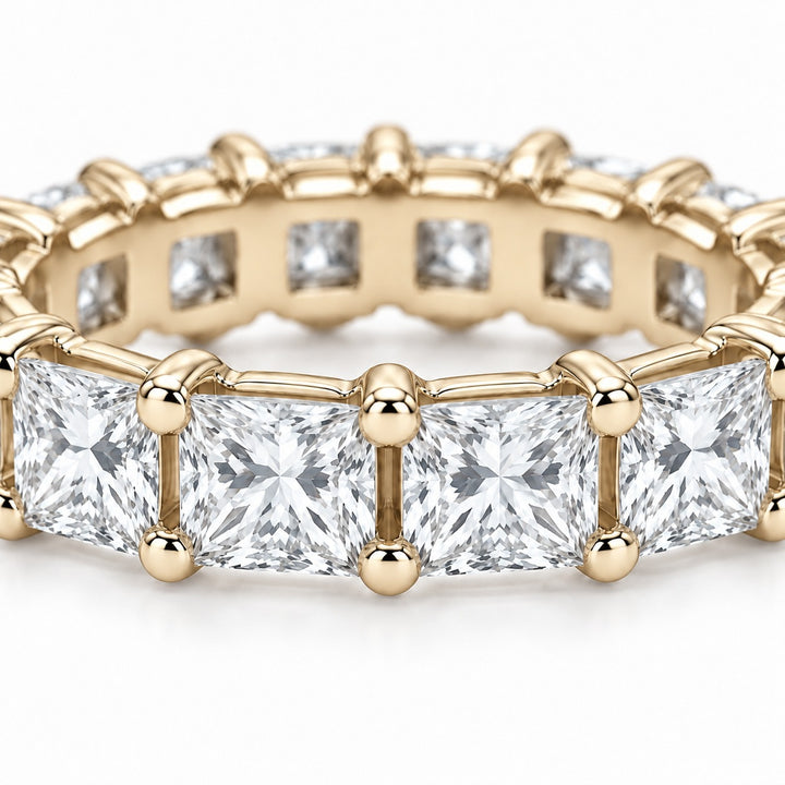 Princess lab-grown diamond eternity band, 3.5mm, 14K yellow gold, close-up of the stones