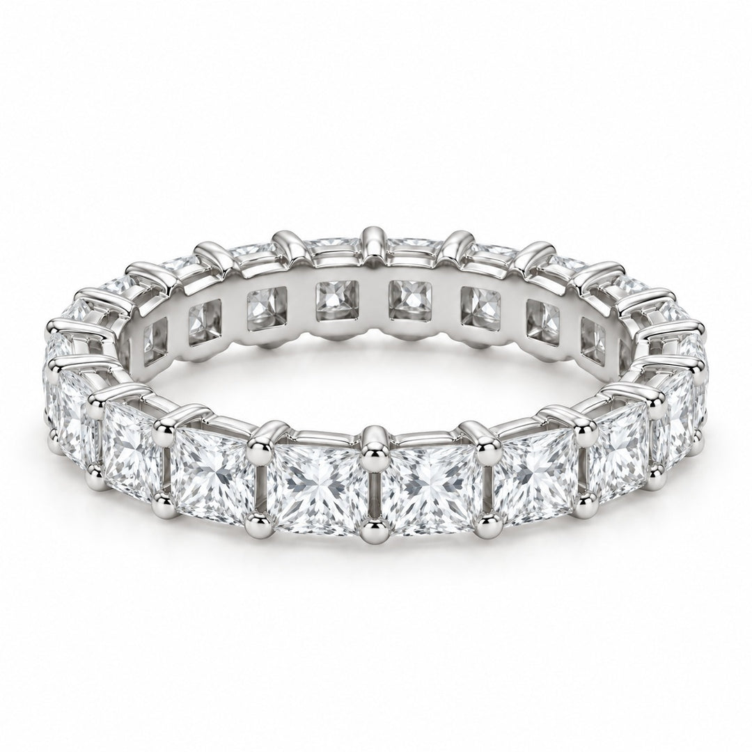 Princess lab-grown diamond eternity band, 3.5mm, 14K white gold, angled view