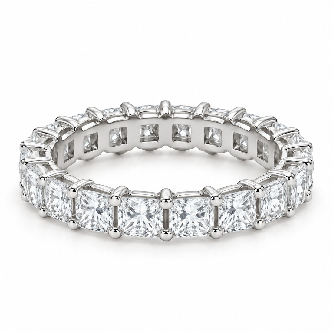 Princess lab-grown diamond eternity band, 3.5mm, 14K white gold, angled view