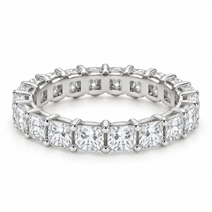 Princess lab-grown diamond eternity band, 3.5mm, 14K white gold, angled view