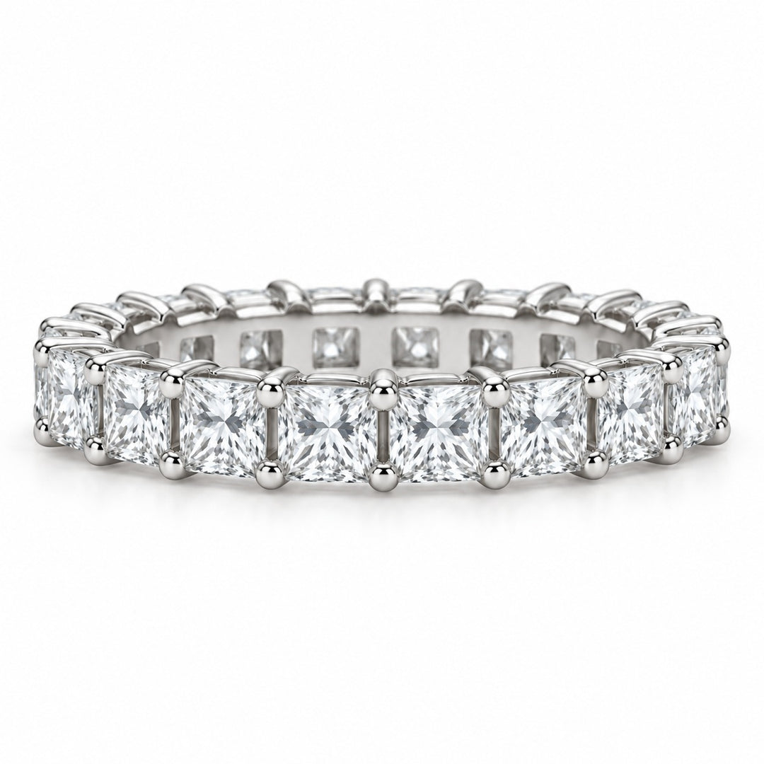 Princess lab-grown diamond eternity band, 3.5mm, 14K white gold, front view