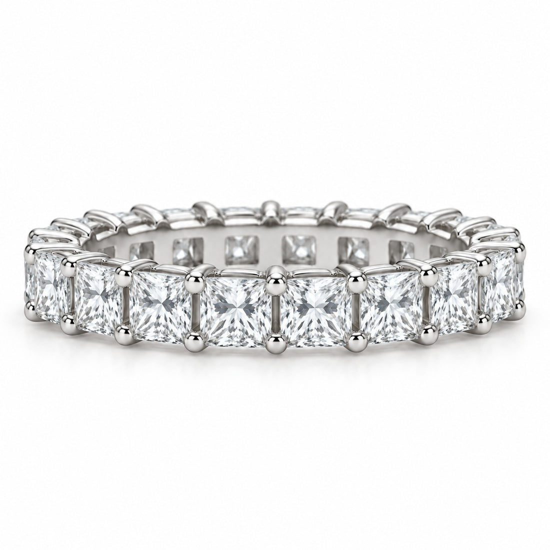 Princess lab-grown diamond eternity band, 3.5mm, 14K white gold, front view