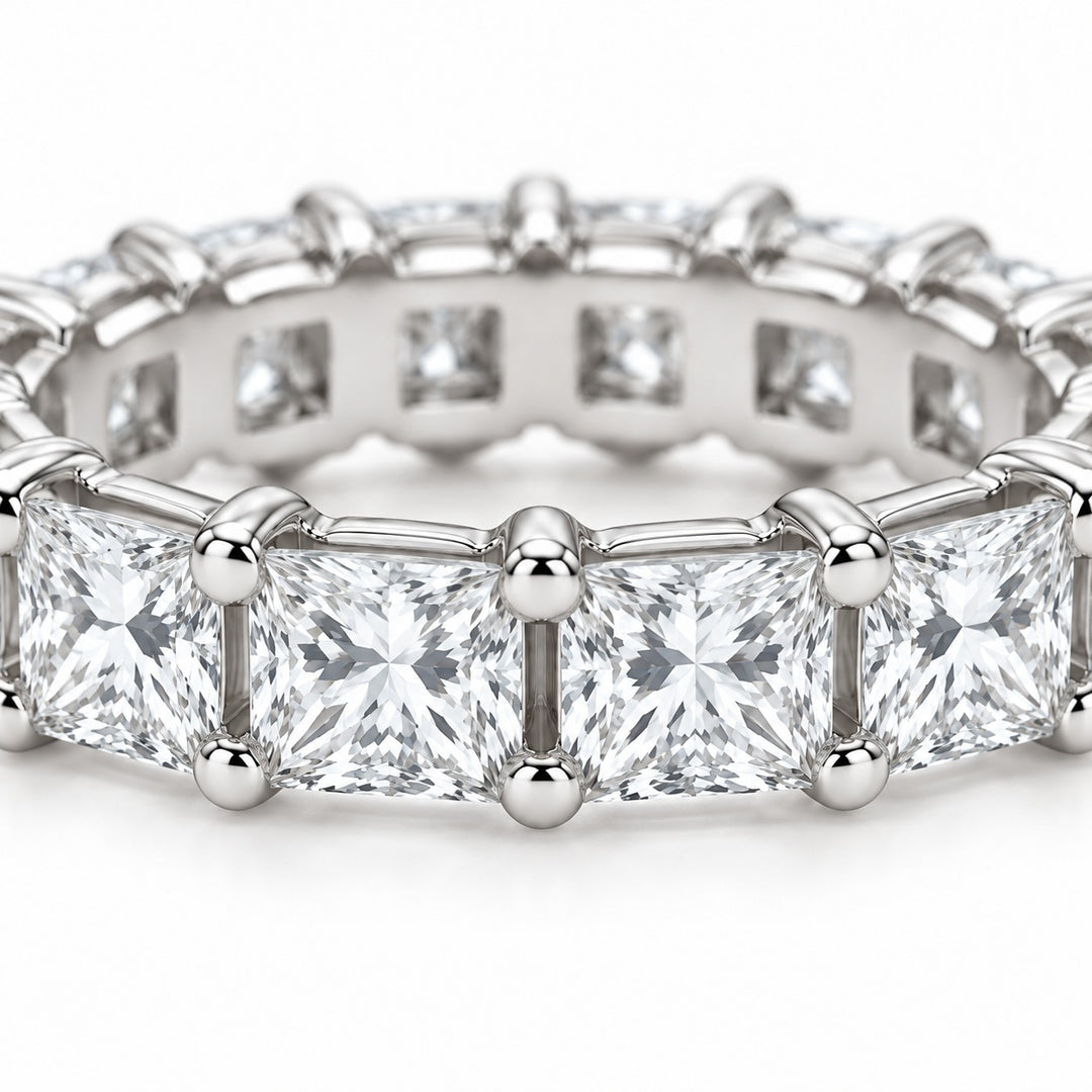 Princess lab-grown diamond eternity band, 3.5mm, 14K white gold, close-up of the stones