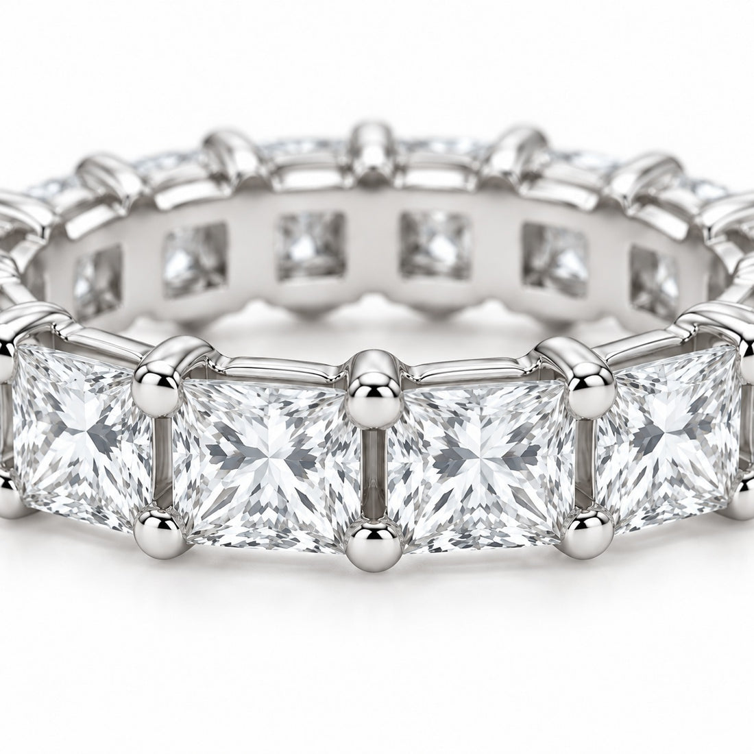 Princess lab-grown diamond eternity band, 3.5mm, 14K white gold, close-up of the stones