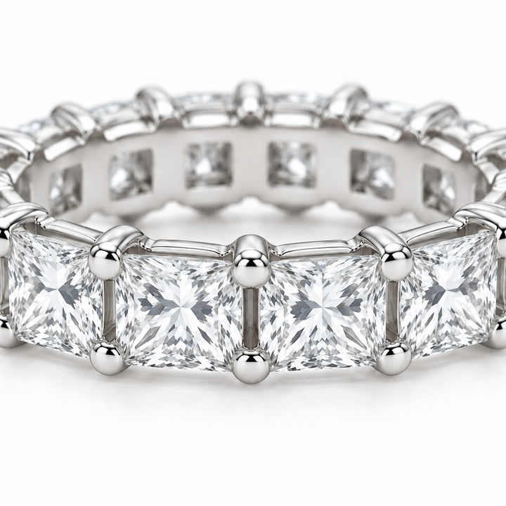 Princess lab-grown diamond eternity band, 3.5mm, 14K white gold, close-up of the stones