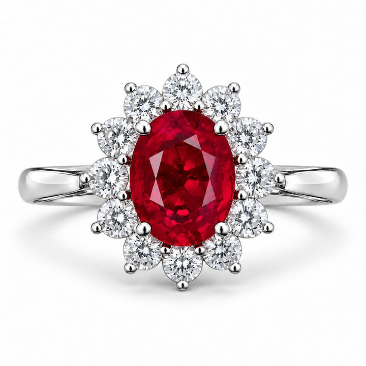The Diana — Ruby Diamond Cluster Ring in 14K white gold, front view