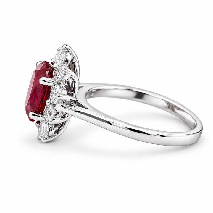 The Diana — Ruby Diamond Cluster Ring in 14K white gold, side view