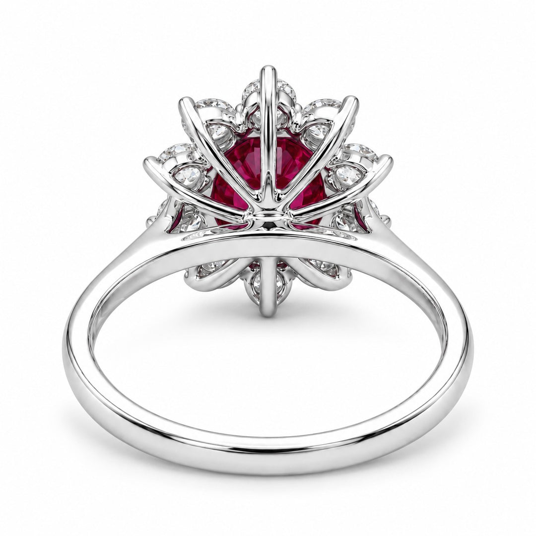 The Diana — Ruby Diamond Cluster Ring in 14K white gold, back and setting