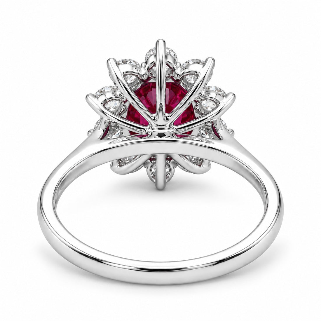 The Diana — Ruby Diamond Cluster Ring in 14K white gold, back and setting