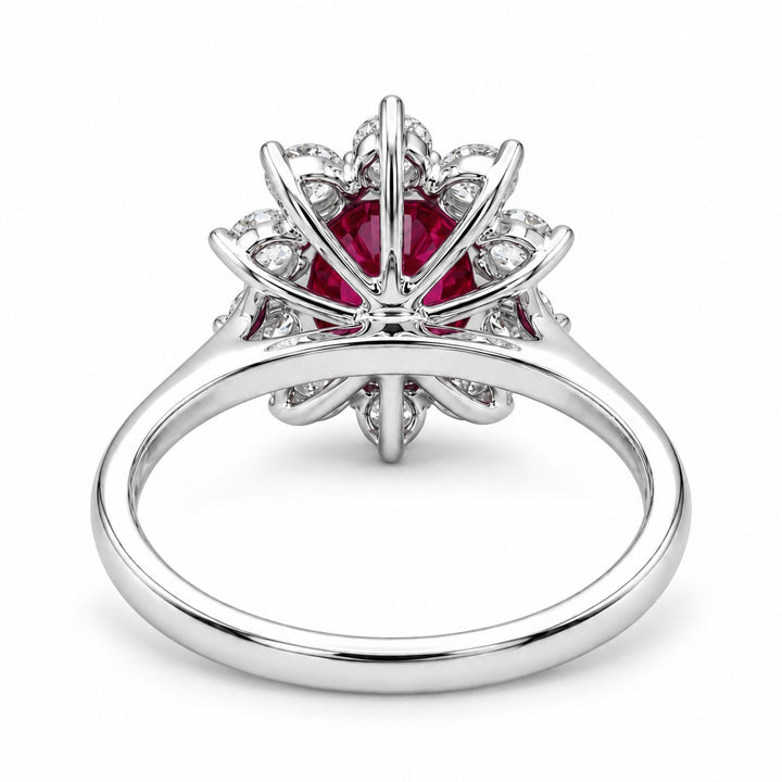The Diana — Ruby Diamond Cluster Ring in 14K white gold, back and setting