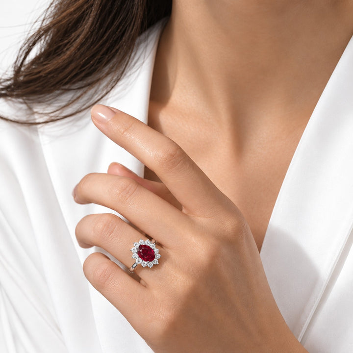 The Diana — Ruby Diamond Cluster Ring in 14K white gold, on the hand