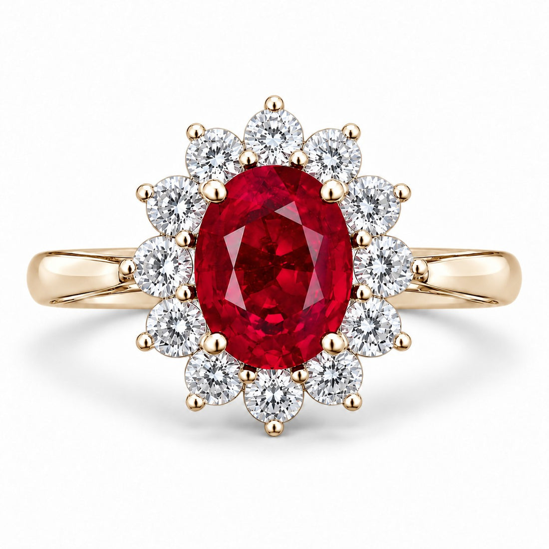 The Diana — Ruby Diamond Cluster Ring in 14K yellow gold, front view