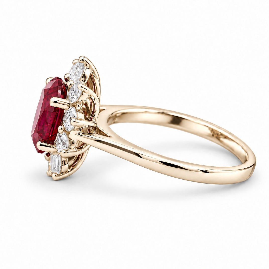 The Diana — Ruby Diamond Cluster Ring in 14K yellow gold, side view