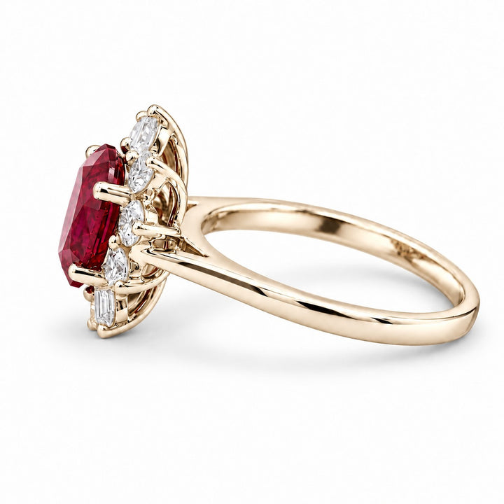The Diana — Ruby Diamond Cluster Ring in 14K yellow gold, side view