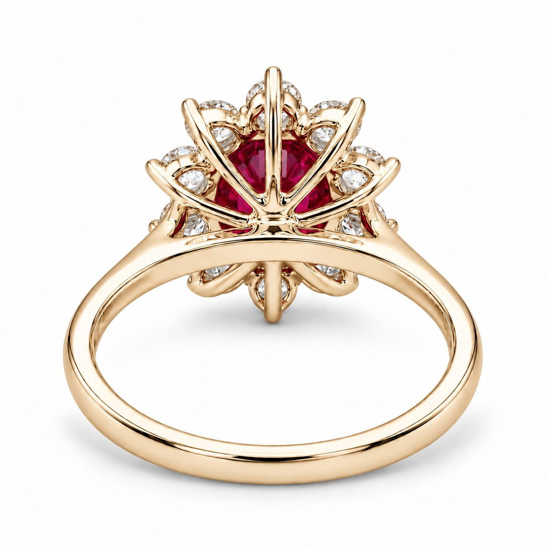 The Diana — Ruby Diamond Cluster Ring in 14K yellow gold, back and setting