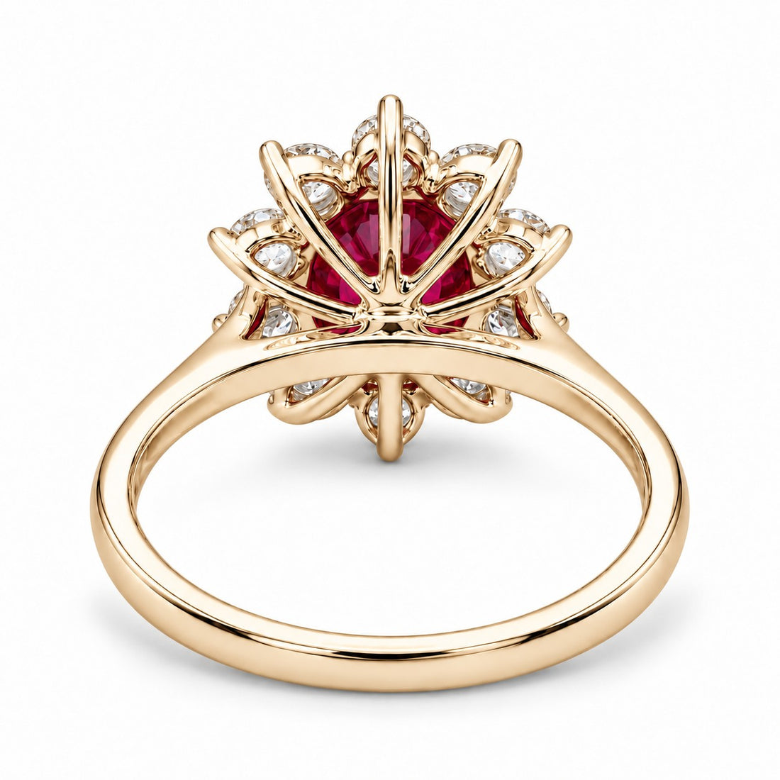 The Diana — Ruby Diamond Cluster Ring in 14K yellow gold, back and setting