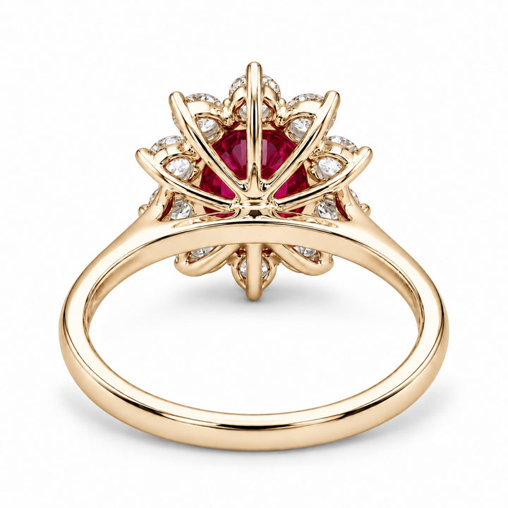 The Diana — Ruby Diamond Cluster Ring in 14K yellow gold, back and setting
