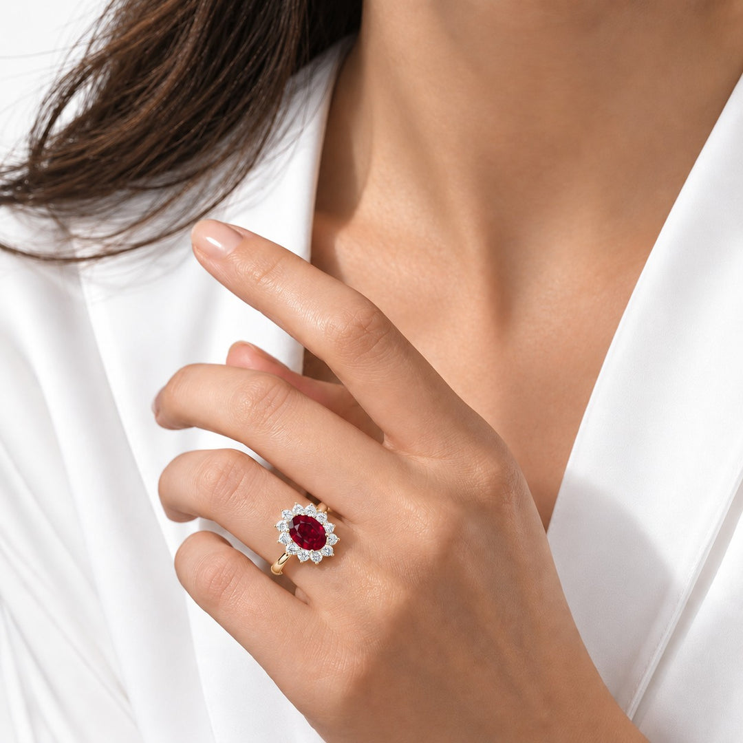 The Diana — Ruby Diamond Cluster Ring in 14K yellow gold, on the hand