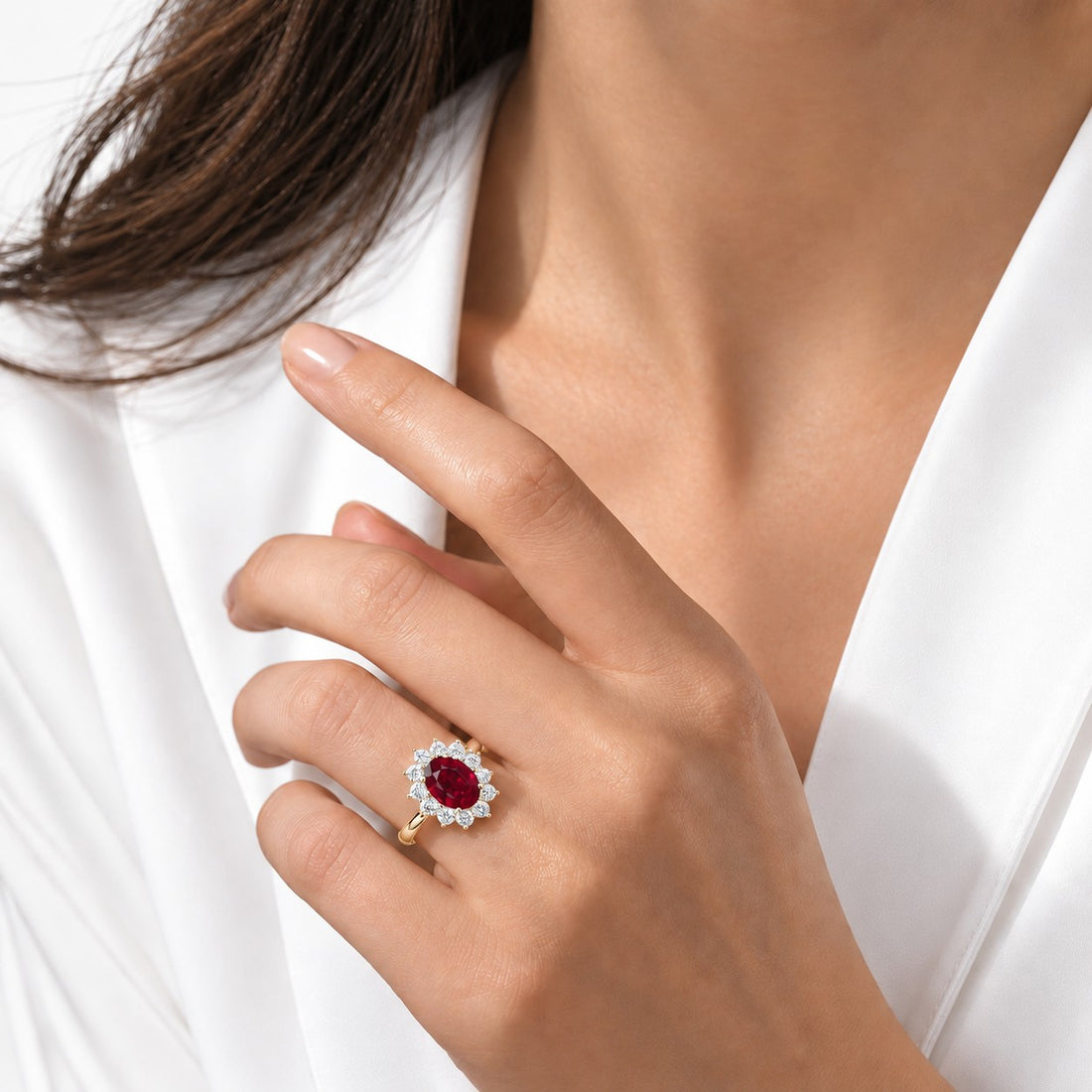 The Diana — Ruby Diamond Cluster Ring in 14K yellow gold, on the hand
