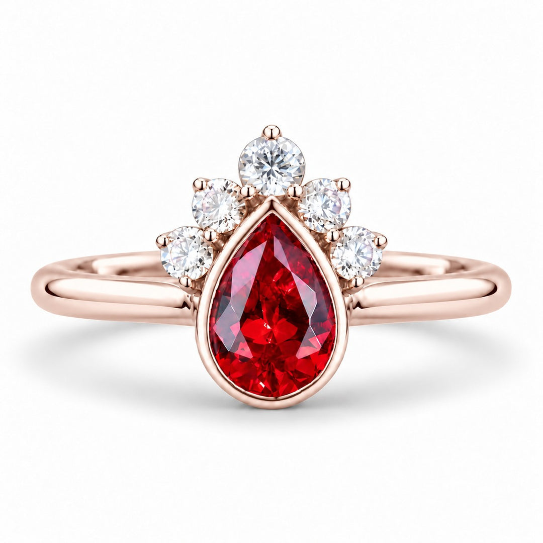 The Devotion — Pear Ruby Ring in 14K rose gold, front view