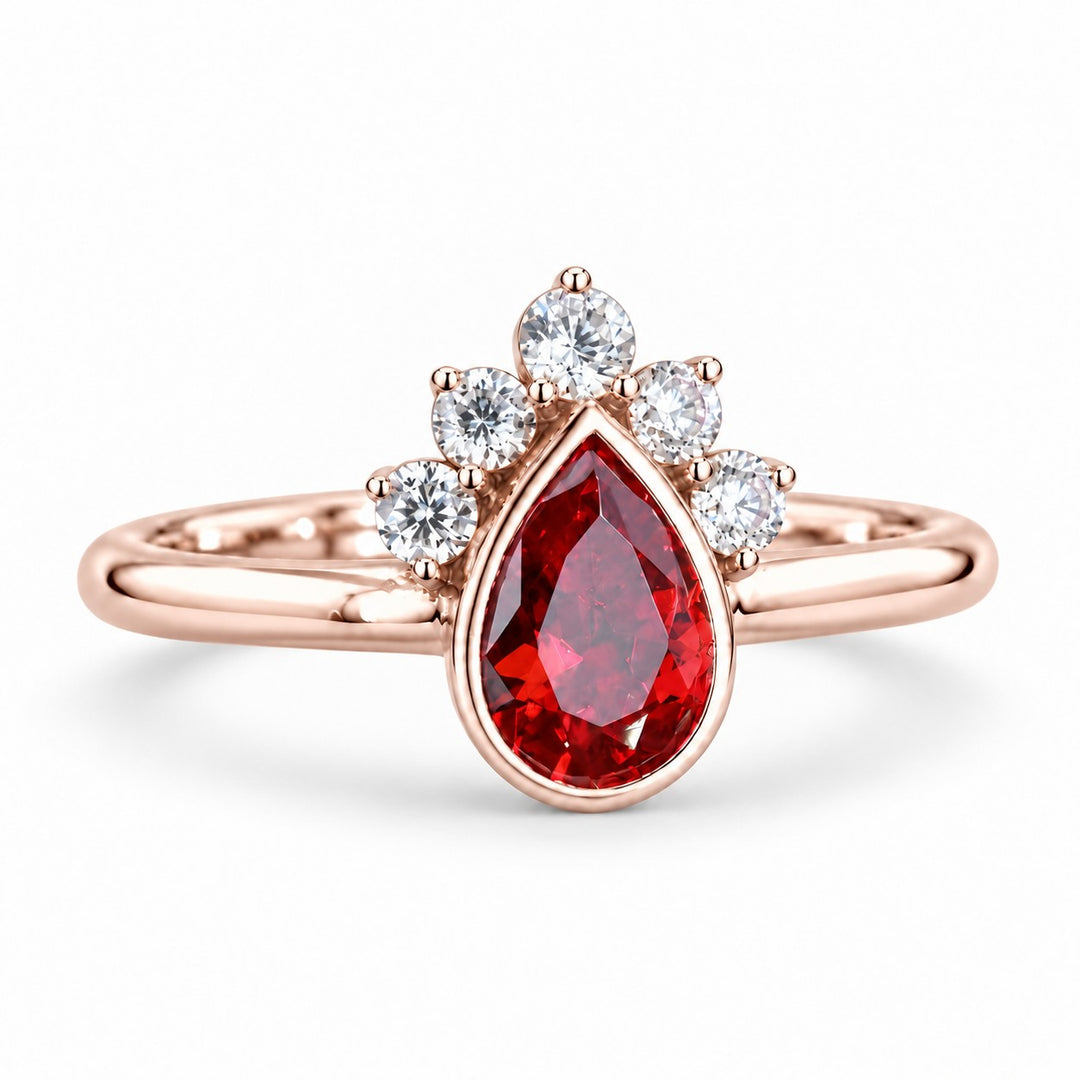 The Devotion — Pear Ruby Ring in 14K rose gold, three-quarter view