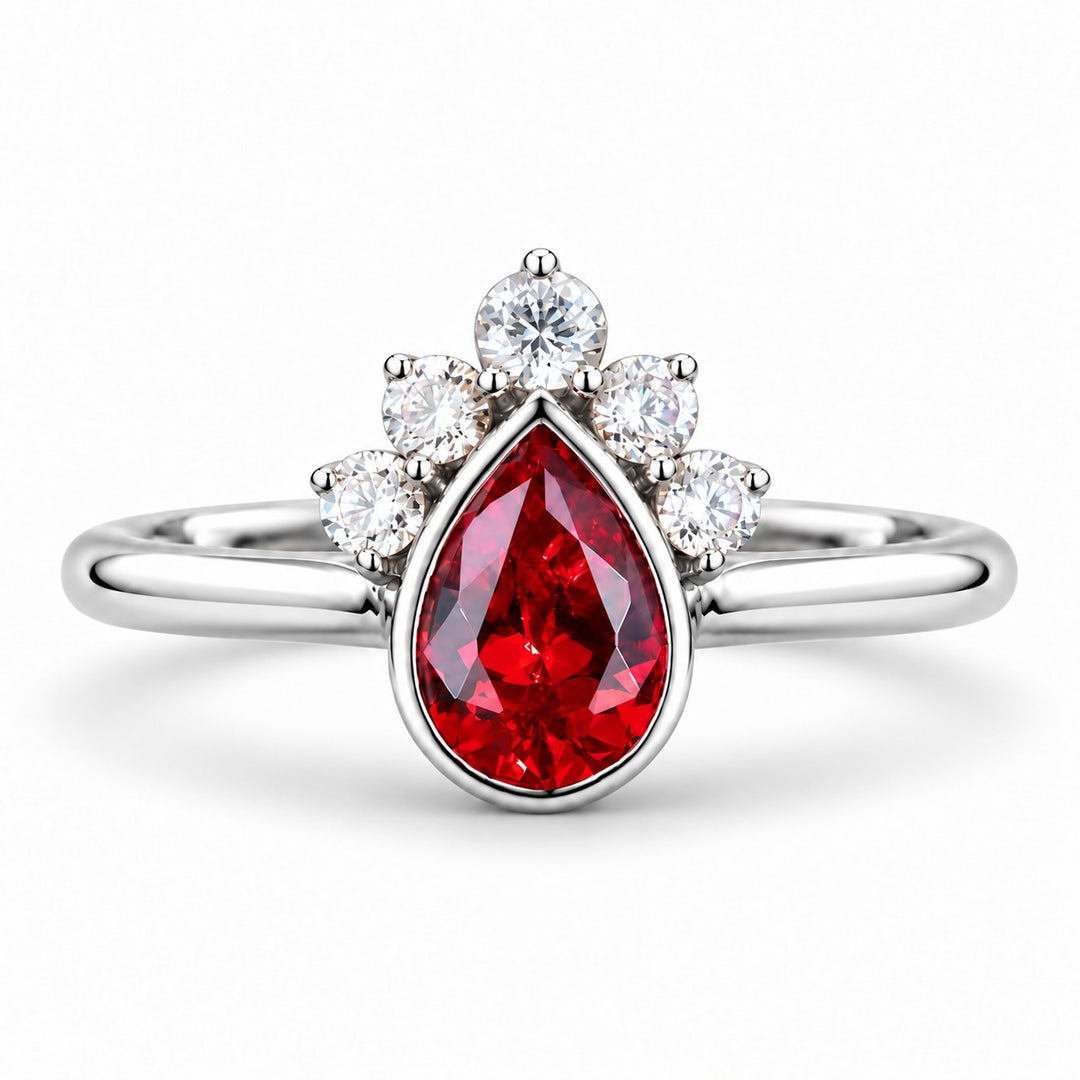 The Devotion — Pear Ruby Ring in 14K white gold, front view