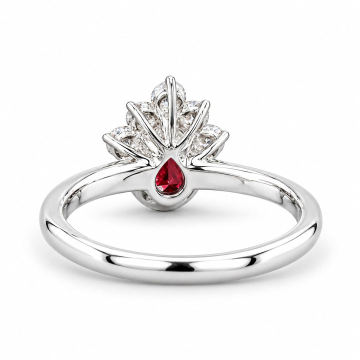 The Devotion — Pear Ruby Ring in 14K white gold, back and setting