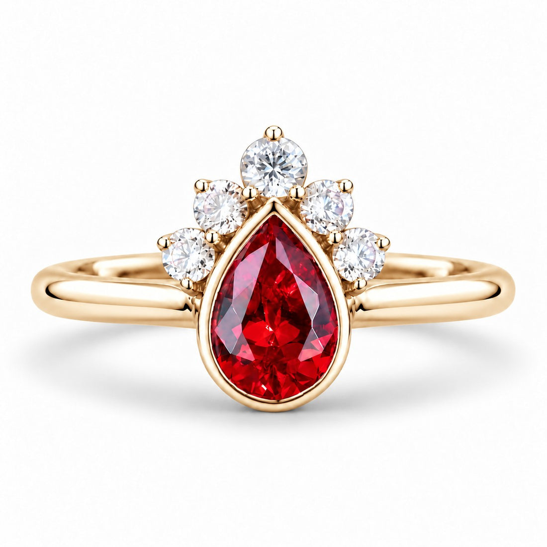 The Devotion — Pear Ruby Ring in 14K yellow gold, front view