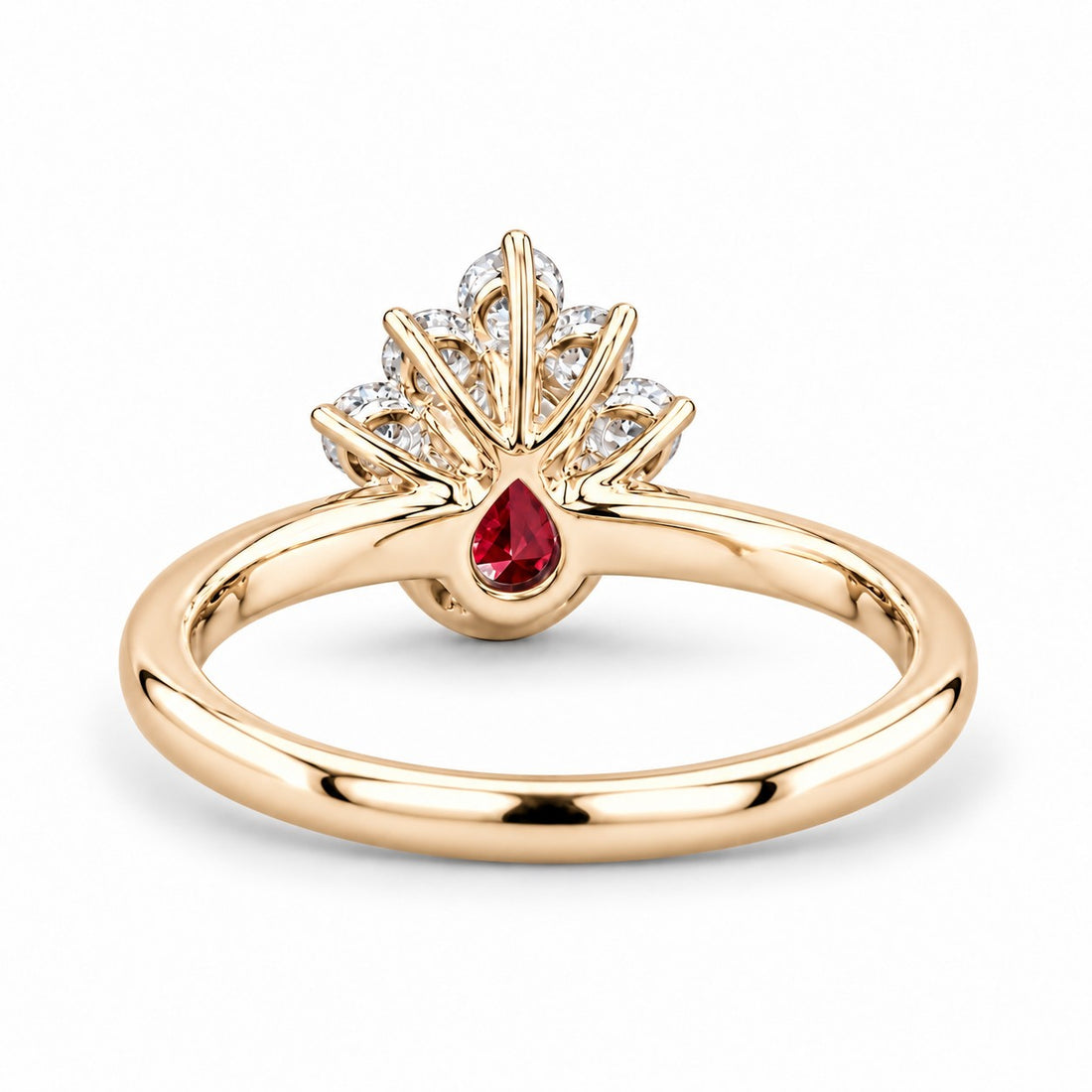 The Devotion — Pear Ruby Ring in 14K yellow gold, back and setting