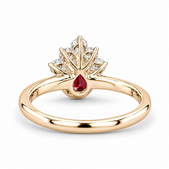 The Devotion — Pear Ruby Ring in 14K yellow gold, back and setting