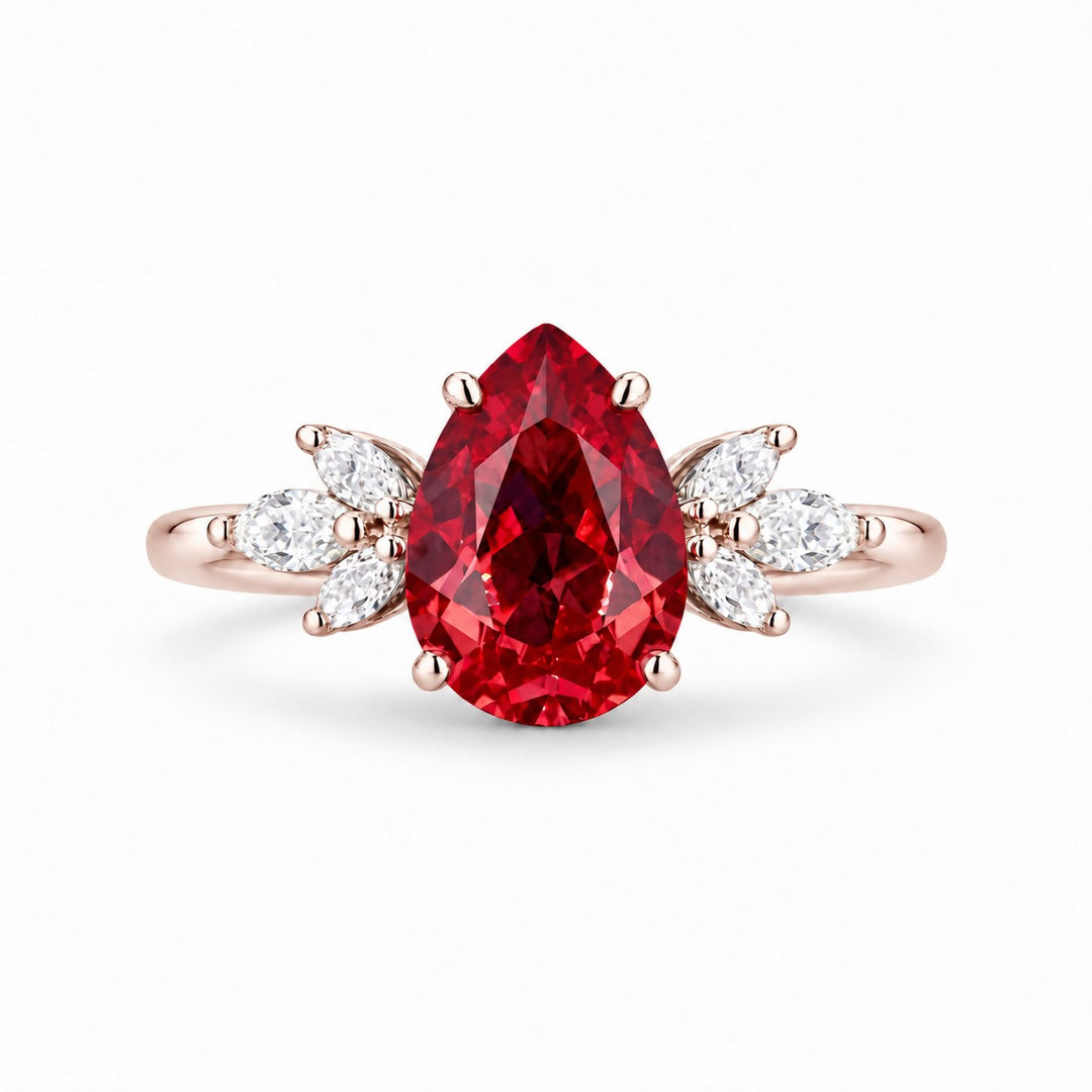 The Ember Laurel — Marquise Diamond Accent Pear Ruby Ring in 14K rose gold, front view