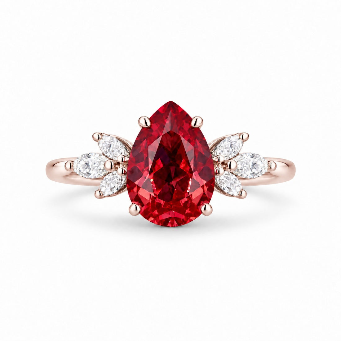 The Ember Laurel — Marquise Diamond Accent Pear Ruby Ring in 14K rose gold, front view