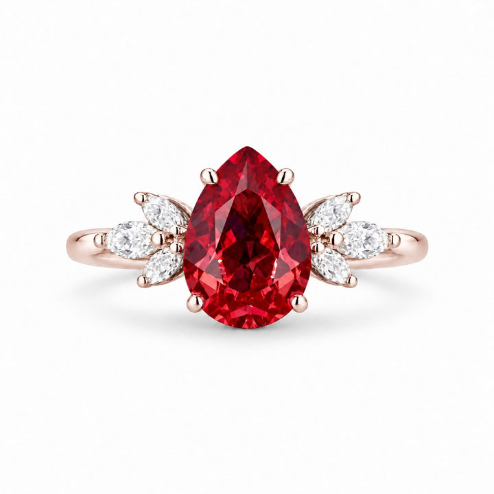 The Ember Laurel — Marquise Diamond Accent Pear Ruby Ring in 14K rose gold, front view